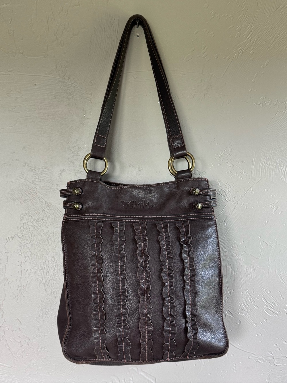 MiMo Genuine Leather Brown Shoulder Bag Ruffle Boho Y2K